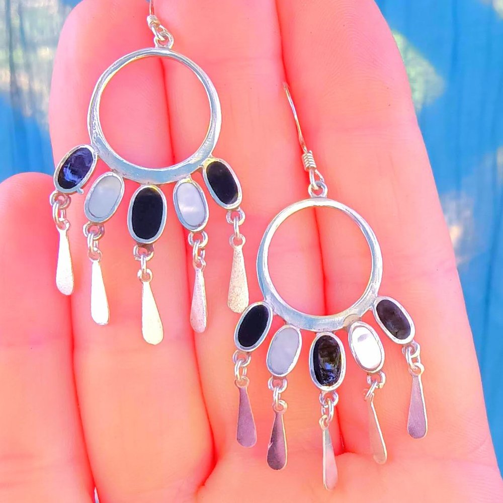 Vintage Sterling Silver Onyx Mother of Pearl Fringe Dangle Hoop Earrings